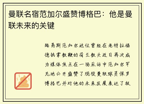 曼联名宿范加尔盛赞博格巴：他是曼联未来的关键