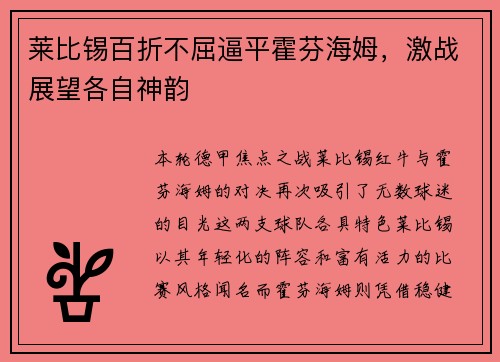 莱比锡百折不屈逼平霍芬海姆，激战展望各自神韵